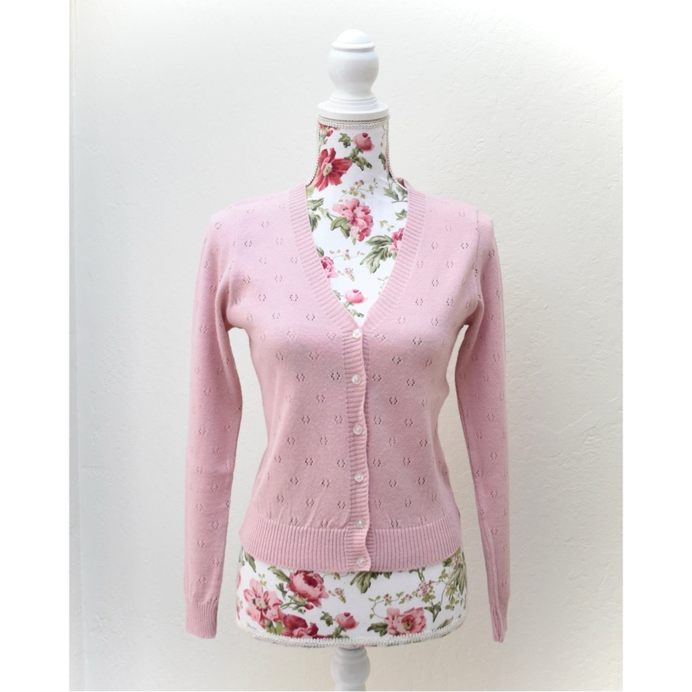 Nasty Gal Pink Eyelet Pattern Knit Cardigan Sweater